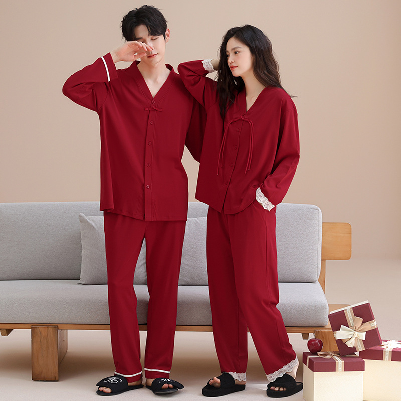 大红色睡衣结婚新婚情侣套装春秋款纯棉开衫本命年喜庆家居服韩范