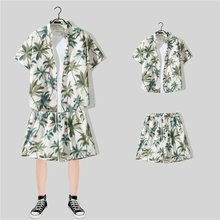 夏威夷短袖花衬衫短裤二件套时尚设计感潮流情侣沙滩渡假运动套装