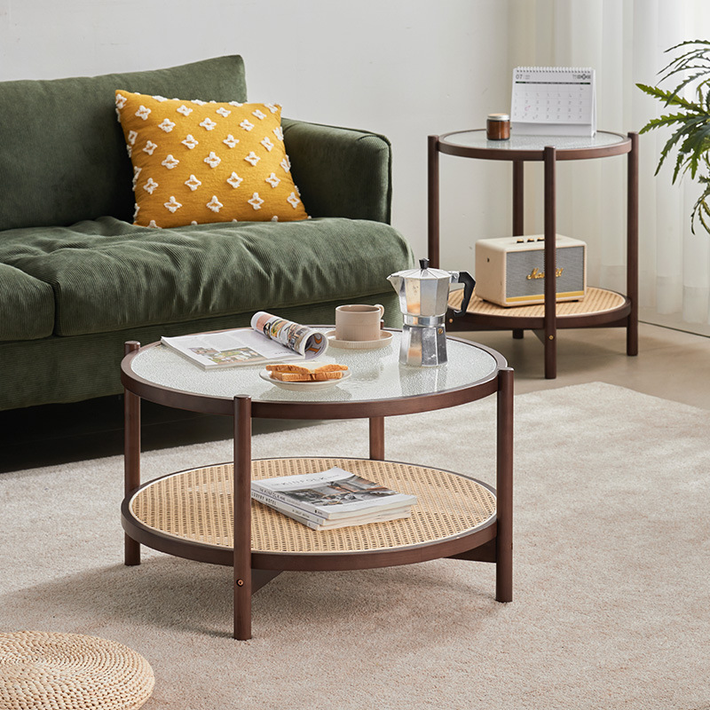 Mesa de café cristal redonda combinación casa pequeño apartamento sala estar simple sofá lado varios ratán tejido neto rojo creativo pequeña mesa redonda