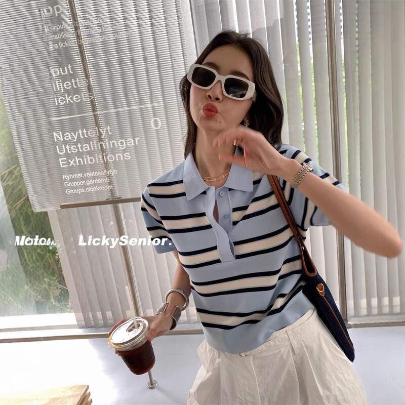 Academy Style Color-Block Striped Polo Collar Short-Sleeve Knit Top for Women, Spring/Summer Turn-Down Collar Tencel Casual Thin Base T-Shirt