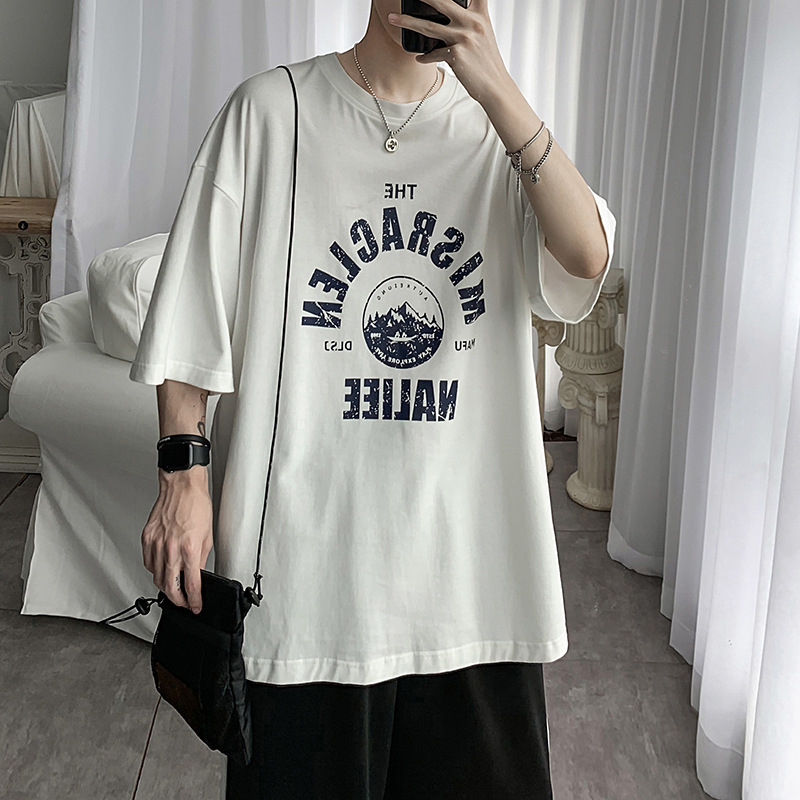 Short-sleeved T-shirt Men's Summer Hong Kong Style Ins Trendy Brand All-match Loose plus size Letter Printed Half-sleeved T-shirt Trendy Base Shirt