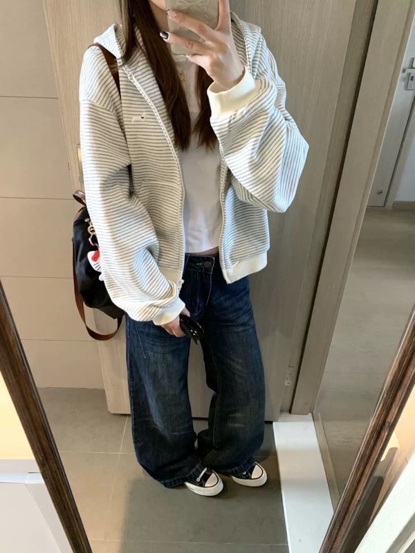 美式复古慵懒风条纹连帽卫衣女秋季2025新款小狗刺绣拉链开衫外套|undefined