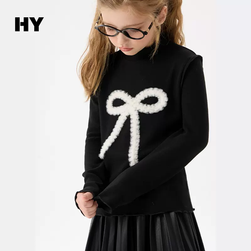 女童澳绒T恤2025秋冬新款儿童蝴蝶结加厚打底衫中大童冬季保暖衣