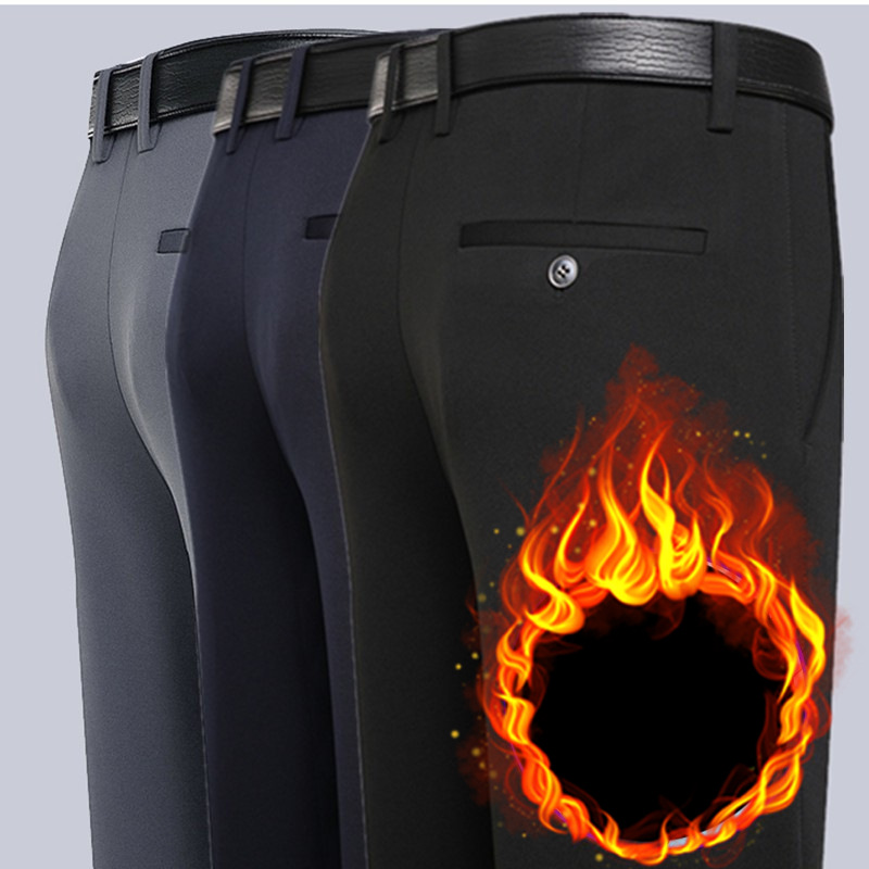 Pantalones casuales de los hombres pantalones de traje de negocios pantalones de hombres de mediana edad y ancianos pantalones de otoño e invierno forrados de lana gruesa elástica pantalones largos rectos sueltos hombres
