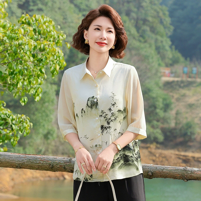 Женская одежда 2025, рубашка весна-осень, новый стиль, свободные топы для женщин среднего и пожилого возраста, модные рубашки с принтом для пожилых