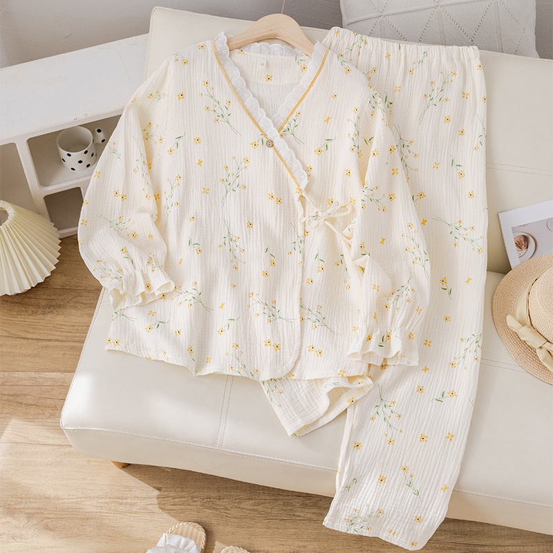 Double-Layer Pure Cotton Gauze Maternity Wear, Summer Thin Style, Postpartum Nursing, All-Cotton A-Class Maternity Pajamas, Specially Designed for Summer Pregnancy