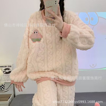 冬季睡衣女秋冬珊瑚绒网红学生可爱加绒加厚套头法兰绒家居服套装