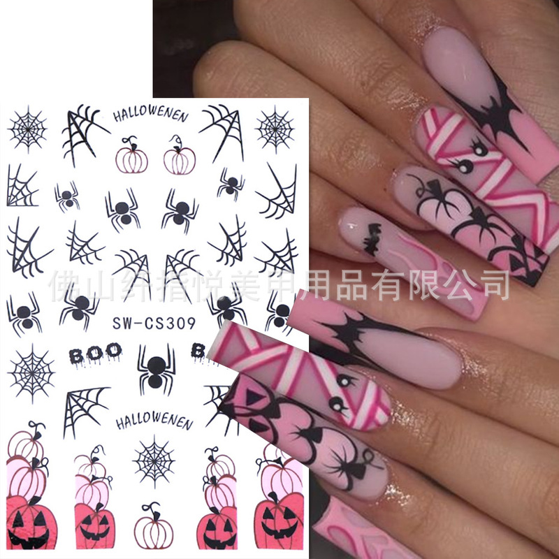 Cross-Border New Halloween Nail Art Stickers Ins Cute Pumpkin Ghost Spider Bat Spider Web Nail Patch