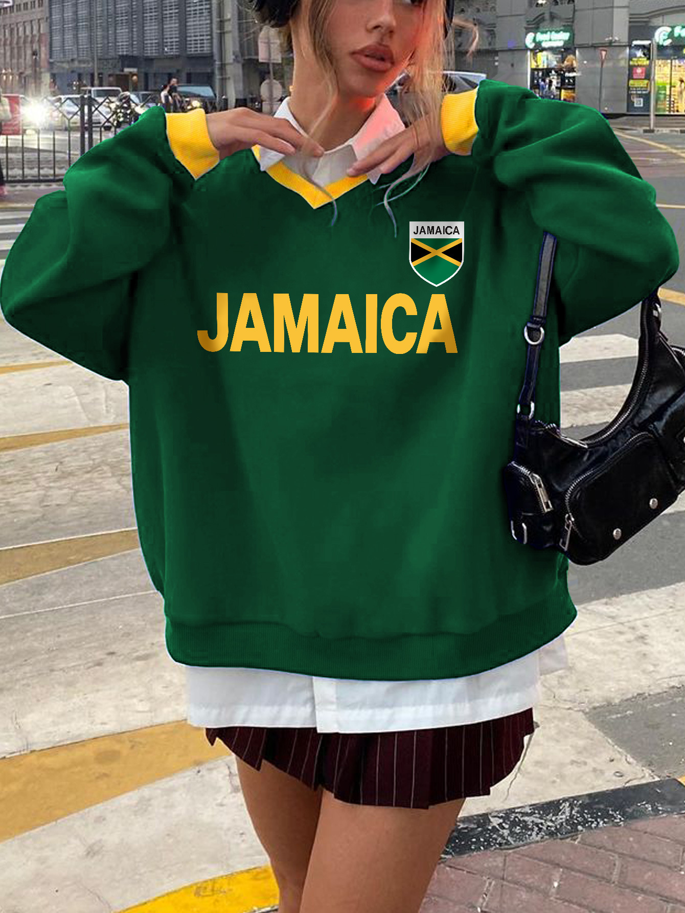 Felpa girocollo verde scuro autunno inverno stile americano con lettere di nicchia, slim e larga, da donna, stampa 3D_voghion.com