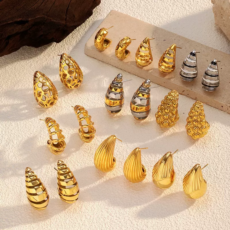 欧美时尚跨境镂空不锈钢水滴耳环女式潮流镀18K金高级感轻奢耳饰