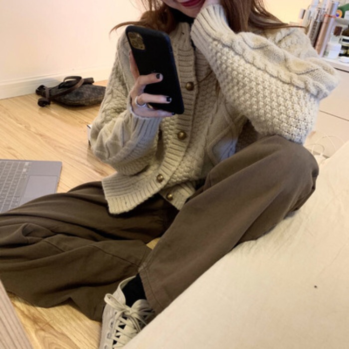 韩系复古麻花针织开衫女2025秋冬新款慵懒风宽松外套加厚粗线毛衣|undefined