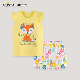 夏季新品女童短袖套装中小童欧美风时尚小狐狸印花圆领两件套