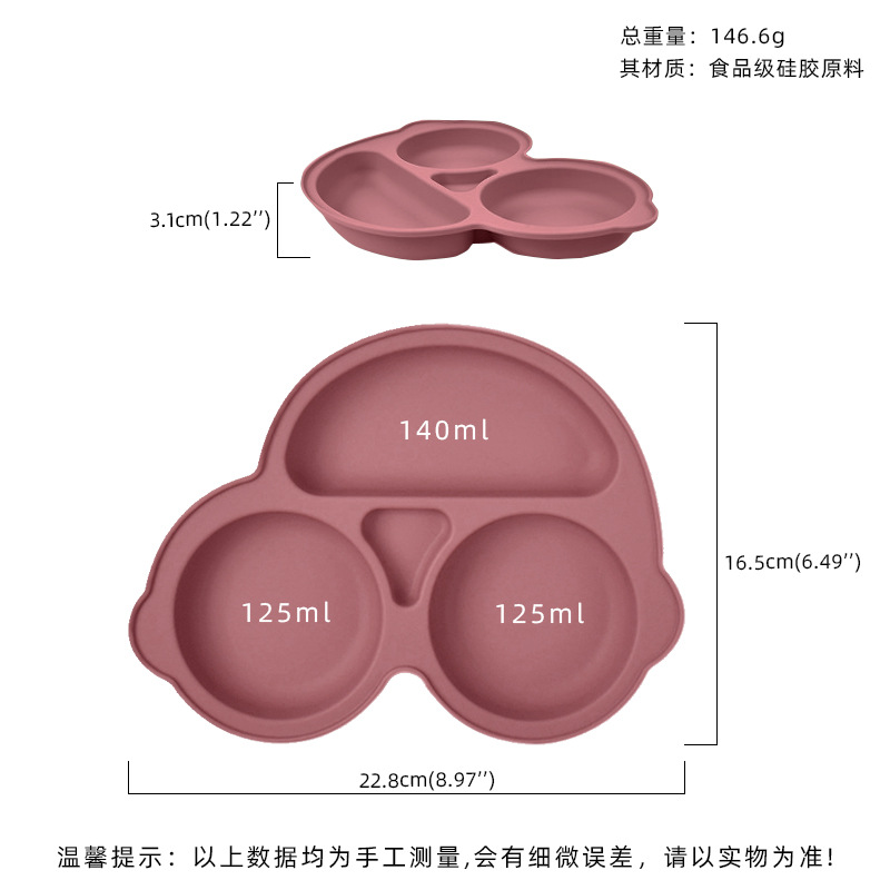 Silicone de dibujos animados para niños automóviles divididos plato de comedor integrado para bebés suplemento plato de comedor de grado alimenticio silicona ventosas