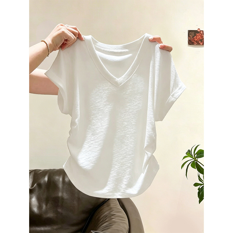 Korean-Style Design with Pleated Waist-Cinching, Slim-Fit, Age-Reducing Pure Cotton Top, Summer Regular Shoulder V-Neck White Short-Sleeve T-Shirt for Women