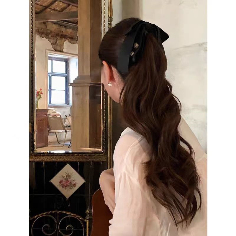 Black Bow with Pearl Pendant Long Ribbon Hairpin Banana Clip Women's Half-Tied Hairpin Hair Accessory on the Back of the Head