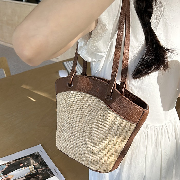Cross-Border Straw Woven Bag For Women - Vacation Beach Casual Versatile French Retro Market Basket Shoulder Bag Fashion Woven Handbag - Thumbnail 2