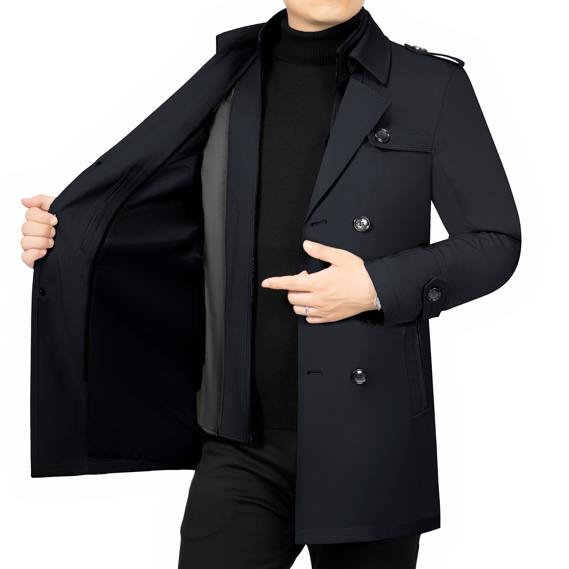 中年男士夹克衫中长款春季新款商务风衣薄款翻领爸爸装外套 方领