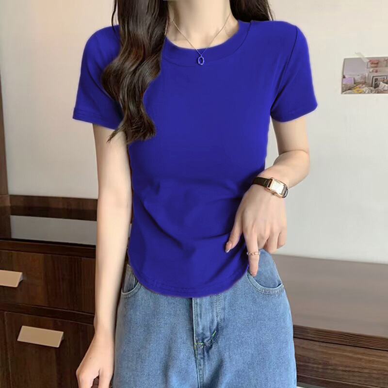 Threaded Cotton Short-sleeved Front Shoulder Crew Neck Solid Color T-shirt Women's Summer Hem Irregular Slim Versatile Top Basic_ecoleips.com