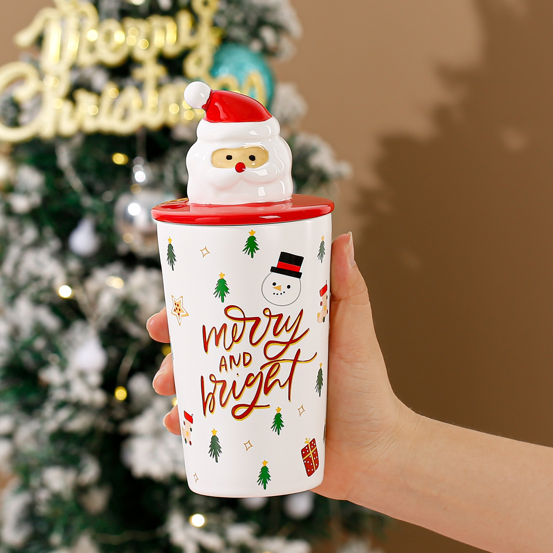 圣诞陶瓷杯出口简约马克杯镜面杯盖可爱水杯家用创意杯子礼品