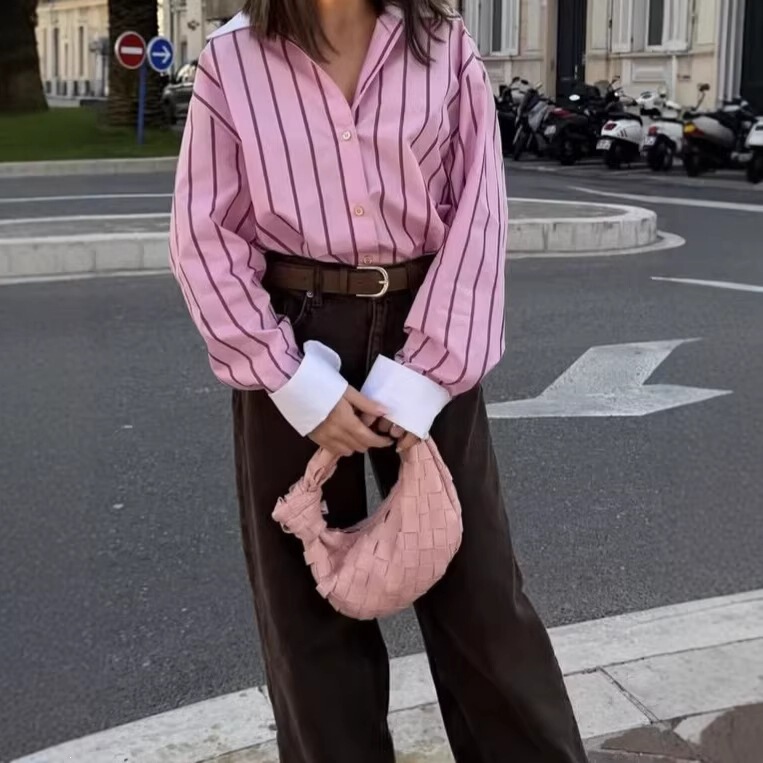 Cross-Border European and American French-Style Retro Gentle Casual Fashion Versatile Design Striped Shirt with Contrasting Collar and Cuffs Cross-Border European and American French-Style Retro Gentle Casual Fashion Versatile Design Striped Shirt with Contrasting Collar and Cuffs