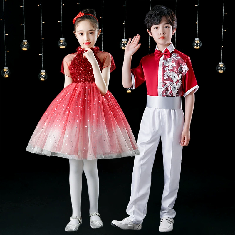 Детская одежда для хора на 1 июня Танцевальный юбка для девочек Красный галстук-бабочка для учеников начальной школы Одежда для выступлений и чтения стихов для мальчиков