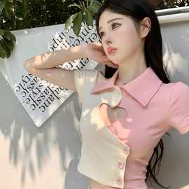 跨境甜辣妹镂空短袖T恤女夏季短款polo领别致修身显瘦设计感上衣