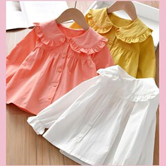 女童襯衫秋款百搭兒童娃娃領長袖上衣時髦純色女寶寶開衫韓版童裝