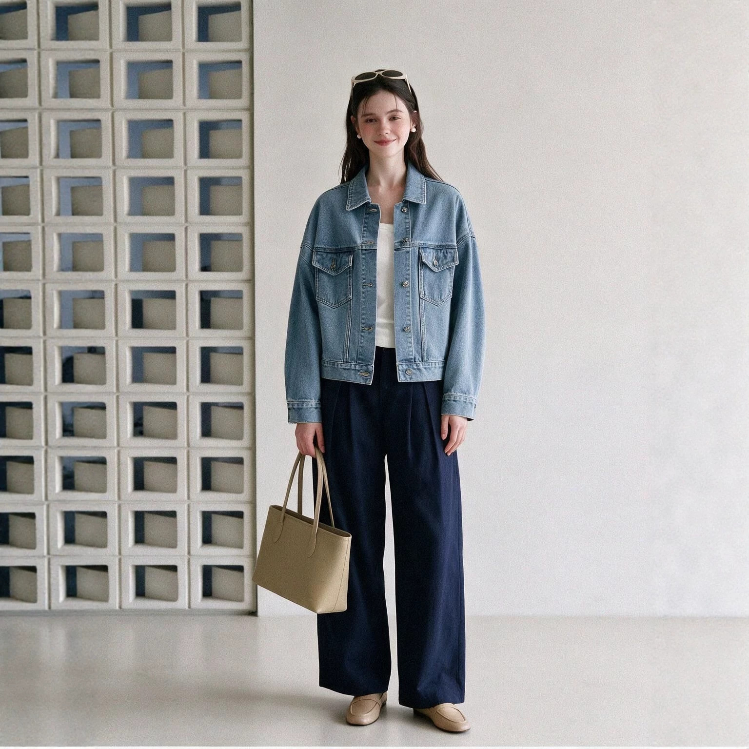 Women's denim short jacket, autumn style, loose fit, fashionable denim blue top, outerwear