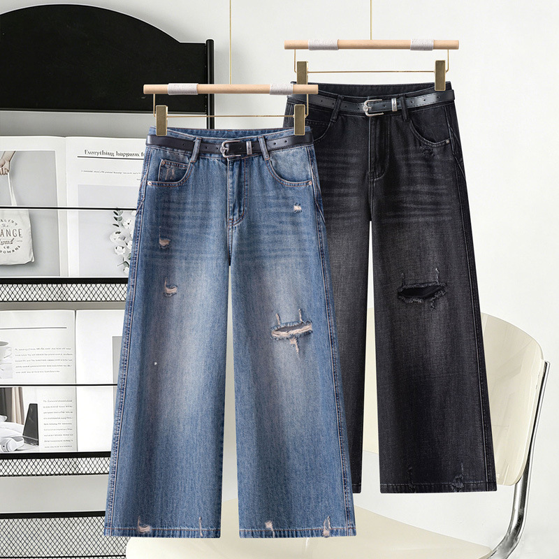 Fashion Straight-Leg Jeans 2026 Summer New Versatile Retro Distressed Ripped Cropped Wide-Leg Jeans Fashion Straight-Leg Jeans 2026 Summer New Versatile Retro Distressed Ripped Cropped Wide-Leg Jeans