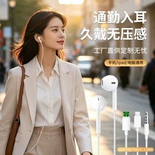 有线耳机35mm圆孔3.5线控带麦简约白风OEM定制跨境爆品耳機typec