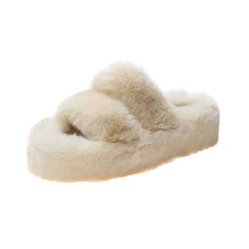 Cross-border large size 5cm taller slippers for women, foreign trade, one-line indoor warm shoes, autumn and winter furry slippers for women, factory wholesale
