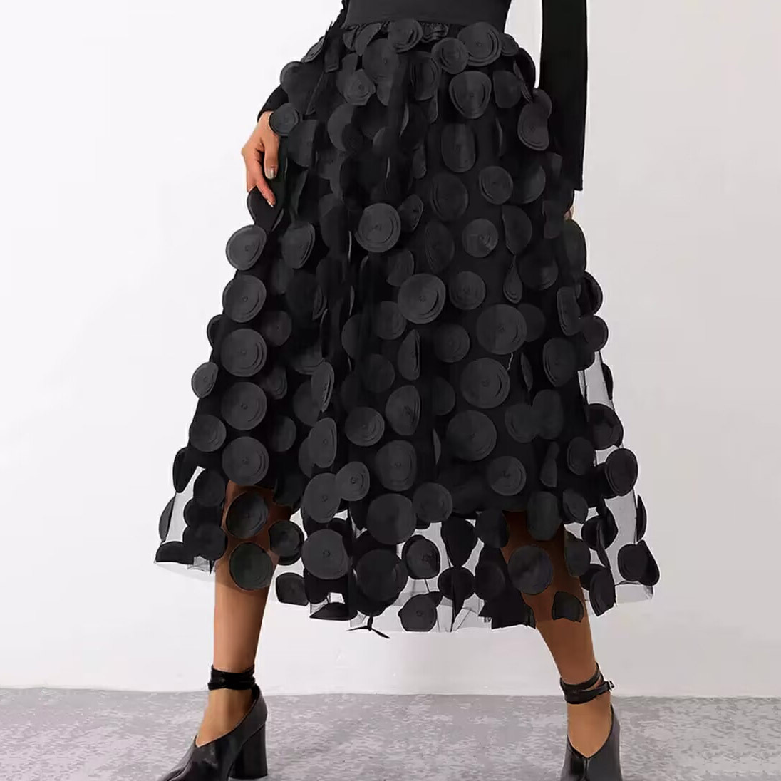 322g Weight Summer Spring Streetwear Round Dots Solid Color Polyester Midi Dress Skirts