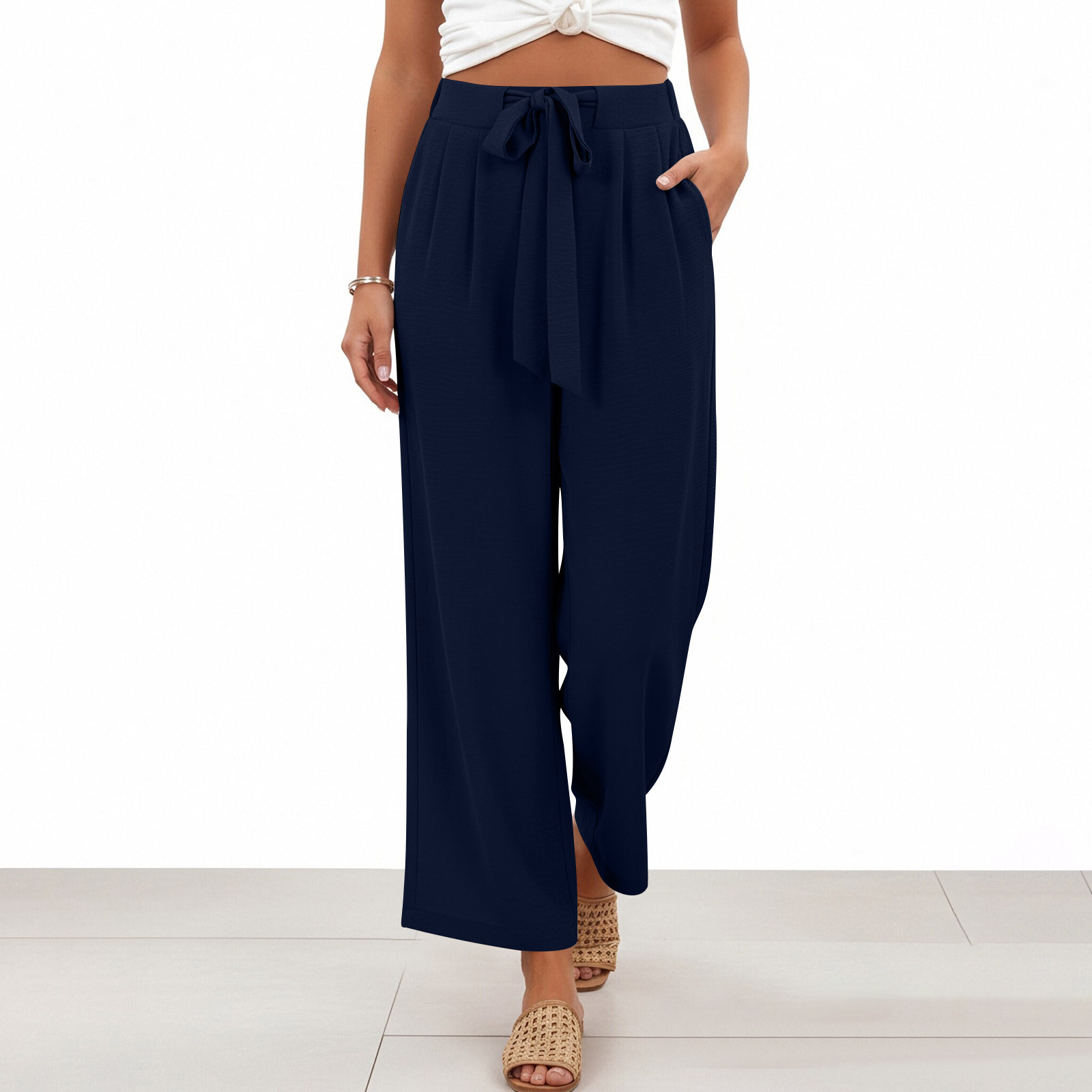 2026 primavera y verano Europa y América transfronterizos Amazon nueve pantalones de color sólido nuevo cinturón de damas pantalones casuales de piernas anchas image 9