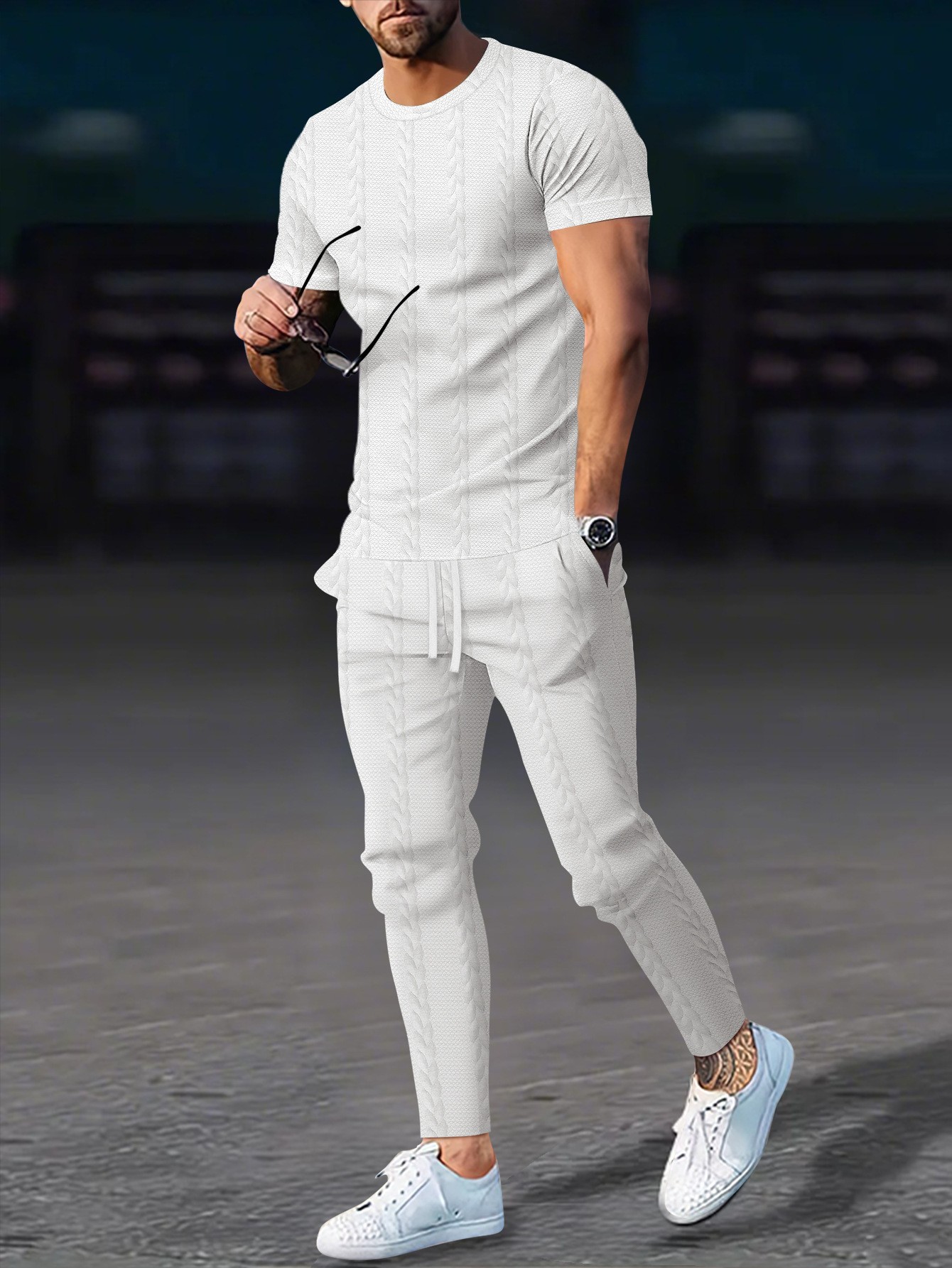 Men's Cable Knit Solid Color Jacquard Pullover Crew Neck Short Sleeve Trousers Casual Suit American Style Autumn New_viptrois.com