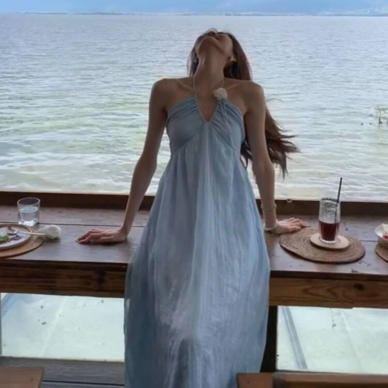 Beach Wear, Vacation Style Light Blue Suspender Skirt, Island Dress, Atmospheric Women's Skirt, Backless Long Skirt