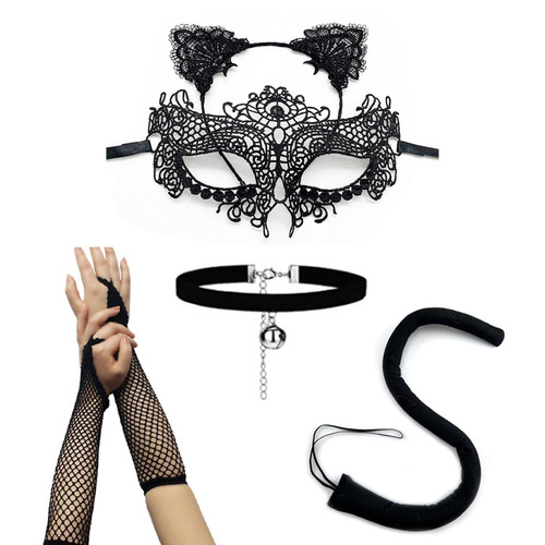 Halloween props sexy princess cat costume black lace mask cat ears headband prom eye mask set