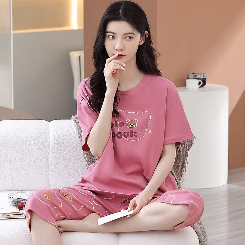 Pijamas de algodón de imitación al por mayor transfronterizos, pantalones cortos de manga corta con jersey fino de verano para mujer, nuevo traje casual simple, servicio a domicilio