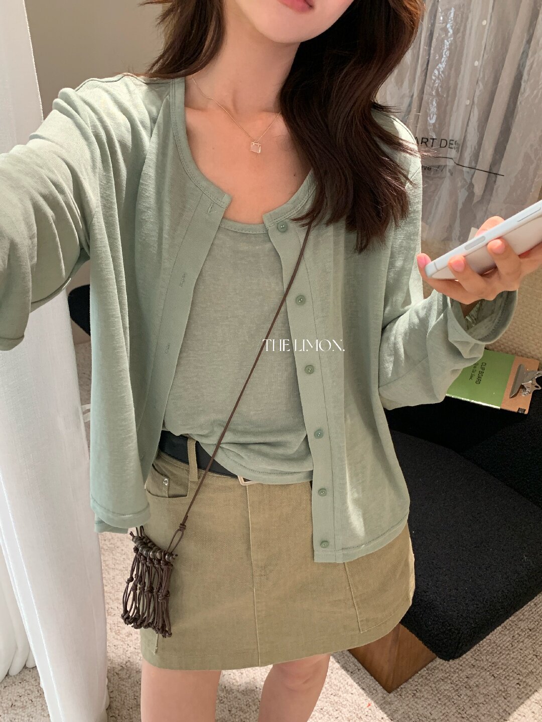 Bộ cardigan len mỏng kèm áo hai dây hai mảnh nữ mùa hè — Xám cacbon, xanh lam, màu hồng, Đậu xanh chi tiết 97