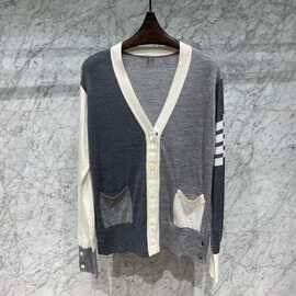 23SS  tb风格精仿羊毛针织衫 女款小开衫 拼色撞色学院休闲