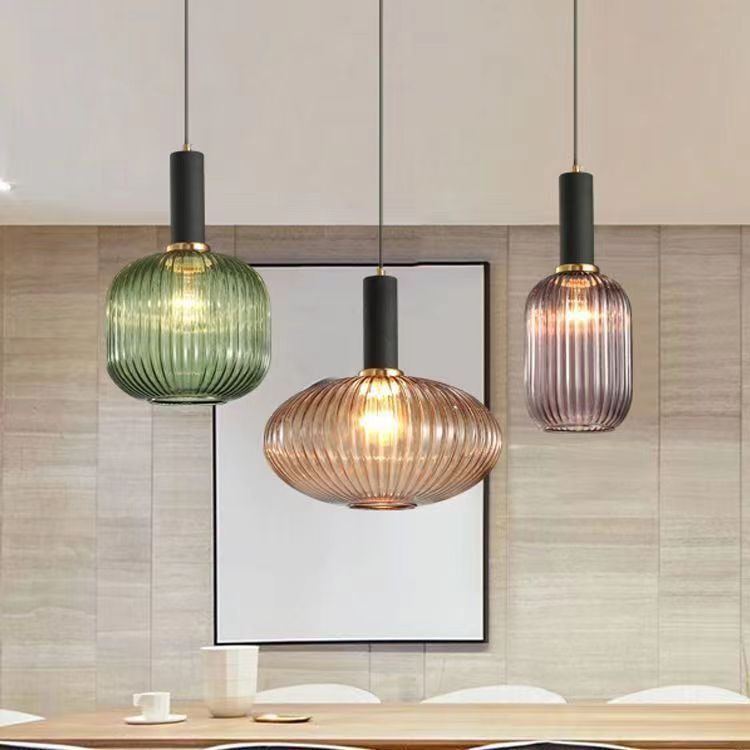 Lámpara colgante nórdica para bar y restaurante, lámpara de noche minimalista, linterna creativa a rayas, lámpara colgante pequeña de cristal retro japonesa de una sola cabeza