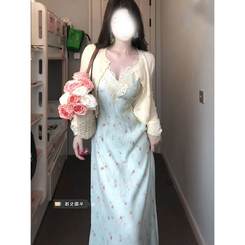 胖mm温柔风碎花吊带裙大码套装女春夏搭长袖开衫蕾丝拼接收腰长裙|undefined