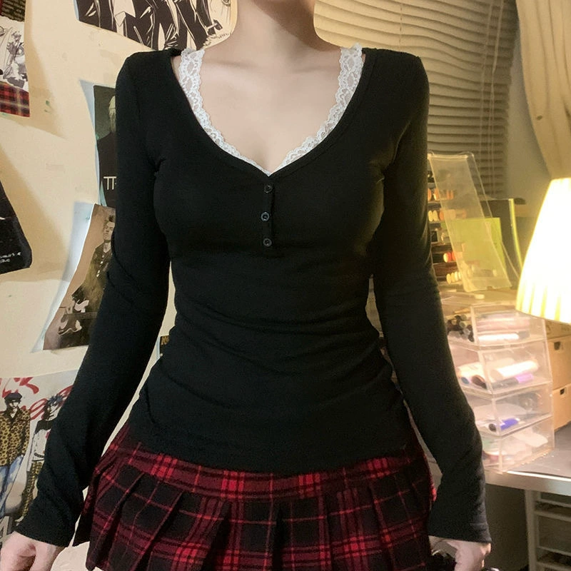 C358TP American Spice Girl весна 2025 новый сплошной цвет V-образный вырез с длинным рукавом кружевное сшивание поддельные два женских топа