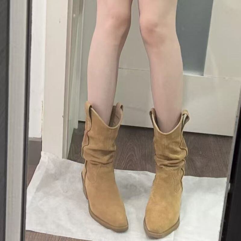 现货赵露思同款靴子真皮翻毛皮废土风堆堆靴麂皮尖头切尔西小短靴|undefined