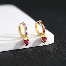 跨境欧美s925纯银镶钻爱心耳环高级感耳扣彩色锆石多巴胺耳圈耳饰