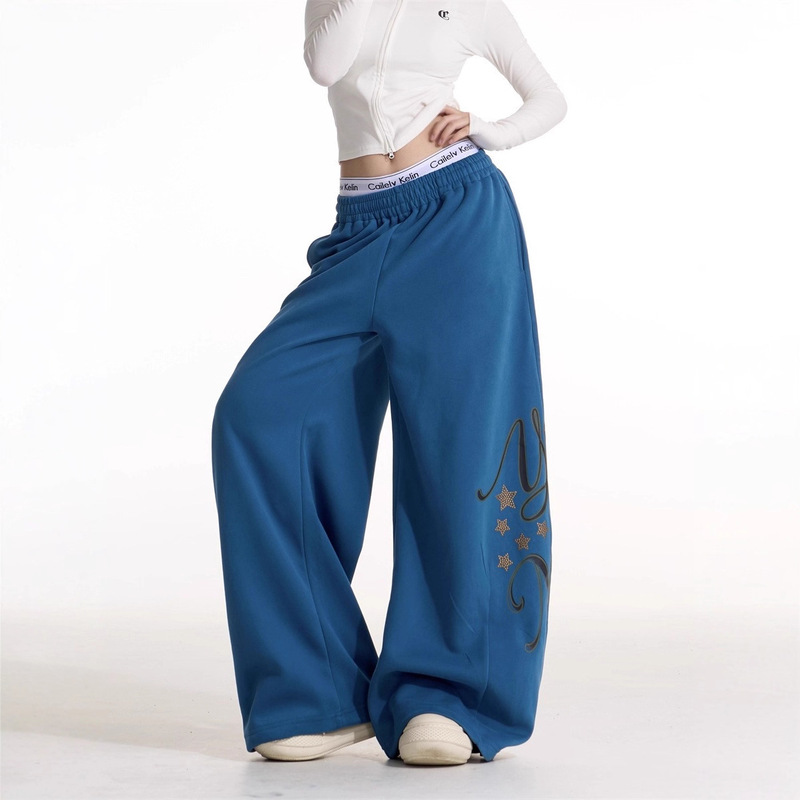 American-Style Letter Star Rhinestone Sweatpants for Women, Loose Street Dance Jazz Wide-Leg Casual Pants, Hip-Hop Floor-Length Trousers