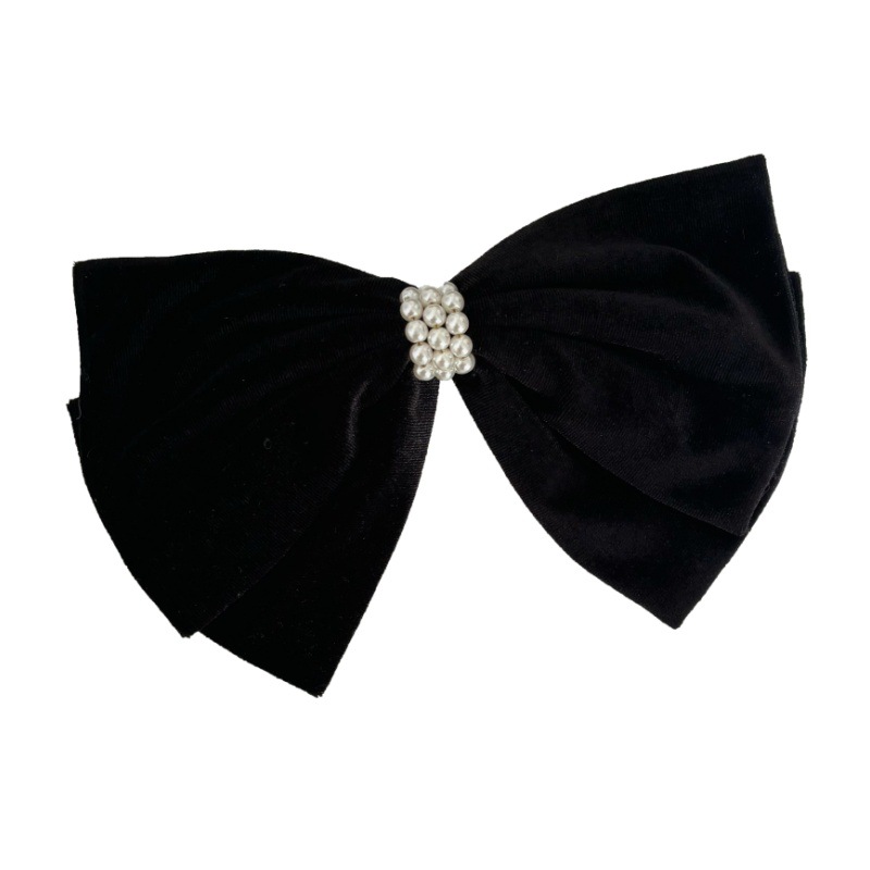Franséisch Stil Velvet Pearl Grouss Schwaarz Bogen Hoerpin Modesch an Elegant Fréijoers Clip Hoer Accessoire op der Réck vum Kapp_voghion.com