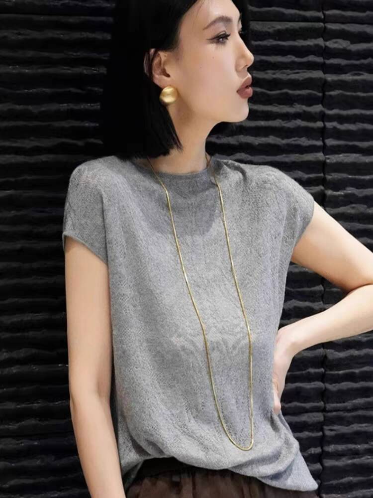 Áo thun nữ ngắn tay cổ tròn chất liệu jacquard, thiết kế vai rã, phong cách Hàn Quốc — Màu cà phê