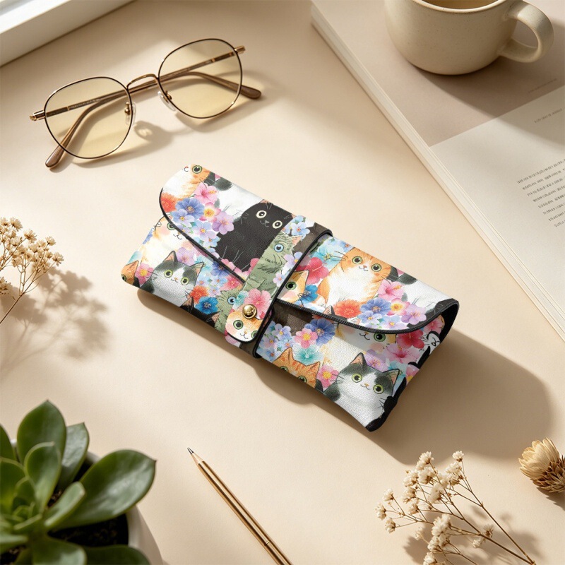 Independent Brand Pu Glasses Case, Cute Cat Print Sunglasses Storage Box, Compact and Portable Glasses Case with a High-End Feel