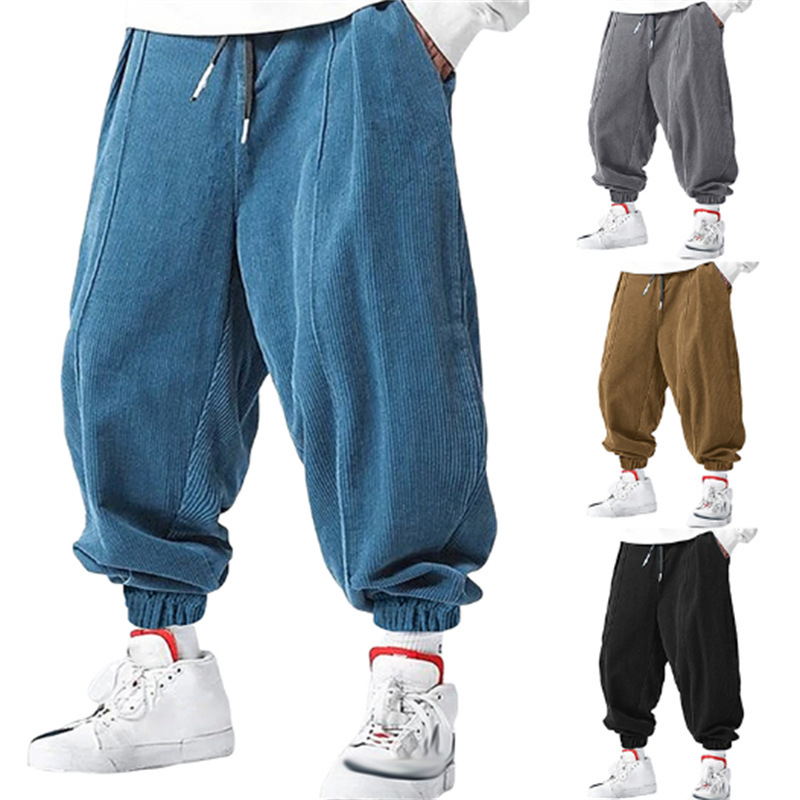 Men's sports jogging corduroy solid color toe drawstring elastic waist casual pants