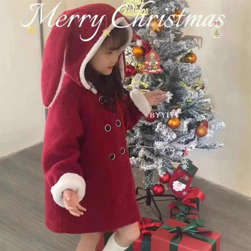 Qianqiu vestimenta de invierno de niñas chaqueta de cordero nuevo niño chaqueta de orejas de conejo extranjero con chaqueta de lana gruesa para bebés